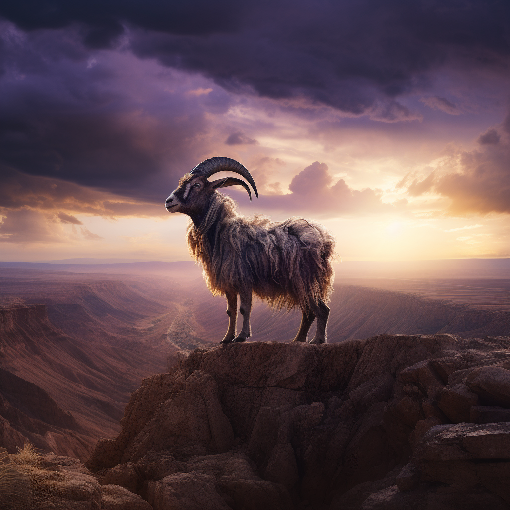 Mystical goat overlooking rocky desert cliff