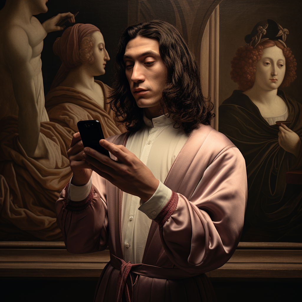 Sandro Botticelli taking a selfie with iPhone