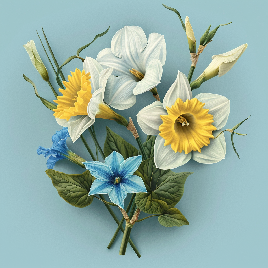 Minimalistic bouquet of daffodils and morning glory