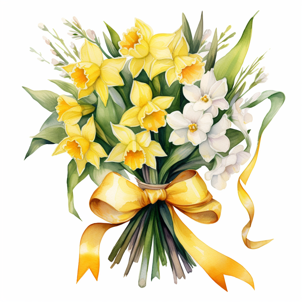 Watercolor arrangement of Jonquil flowers with colorful ribbon