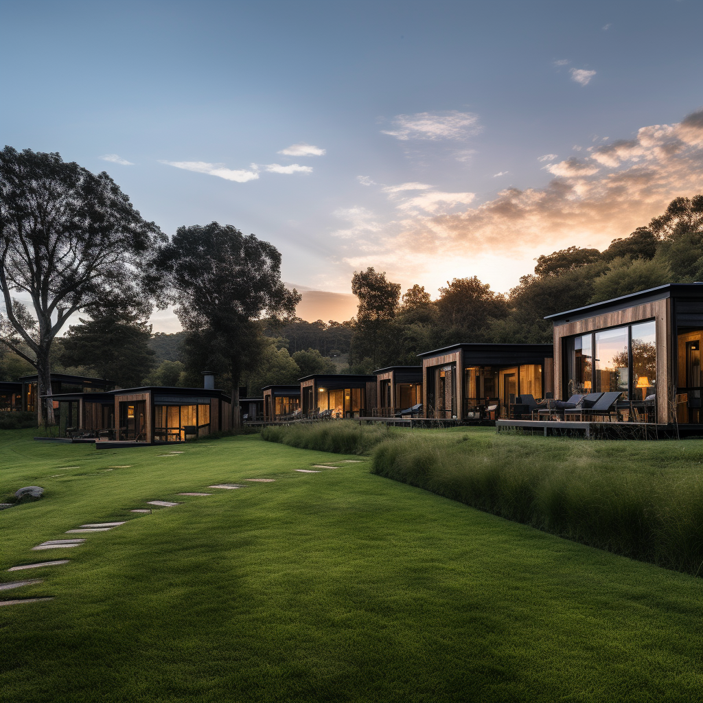 Individual cabins on boutique hotel grass field