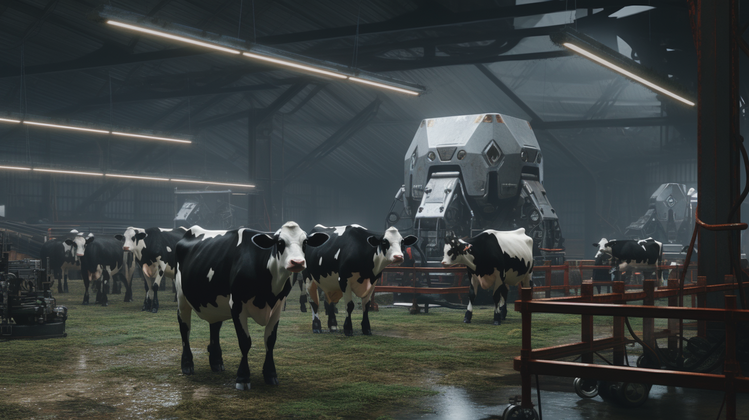 Realistic Bovine Farm Shed with Robots and Cows