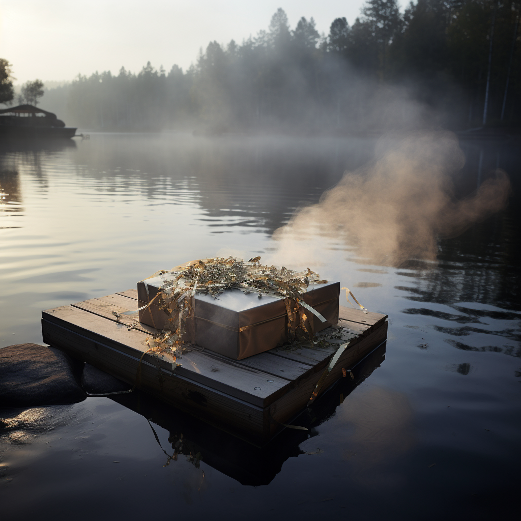 Beautiful bow-tied box on dock with lake and smoke