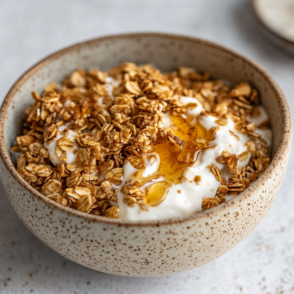 bowl of golden granola with vanilla yogurt and honey