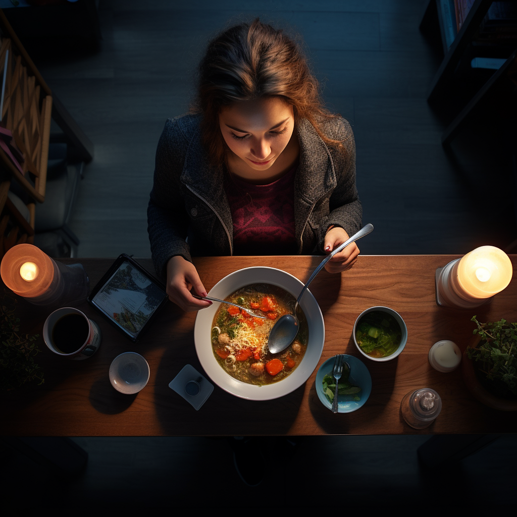 Woman about to have dinner with bowl of soup