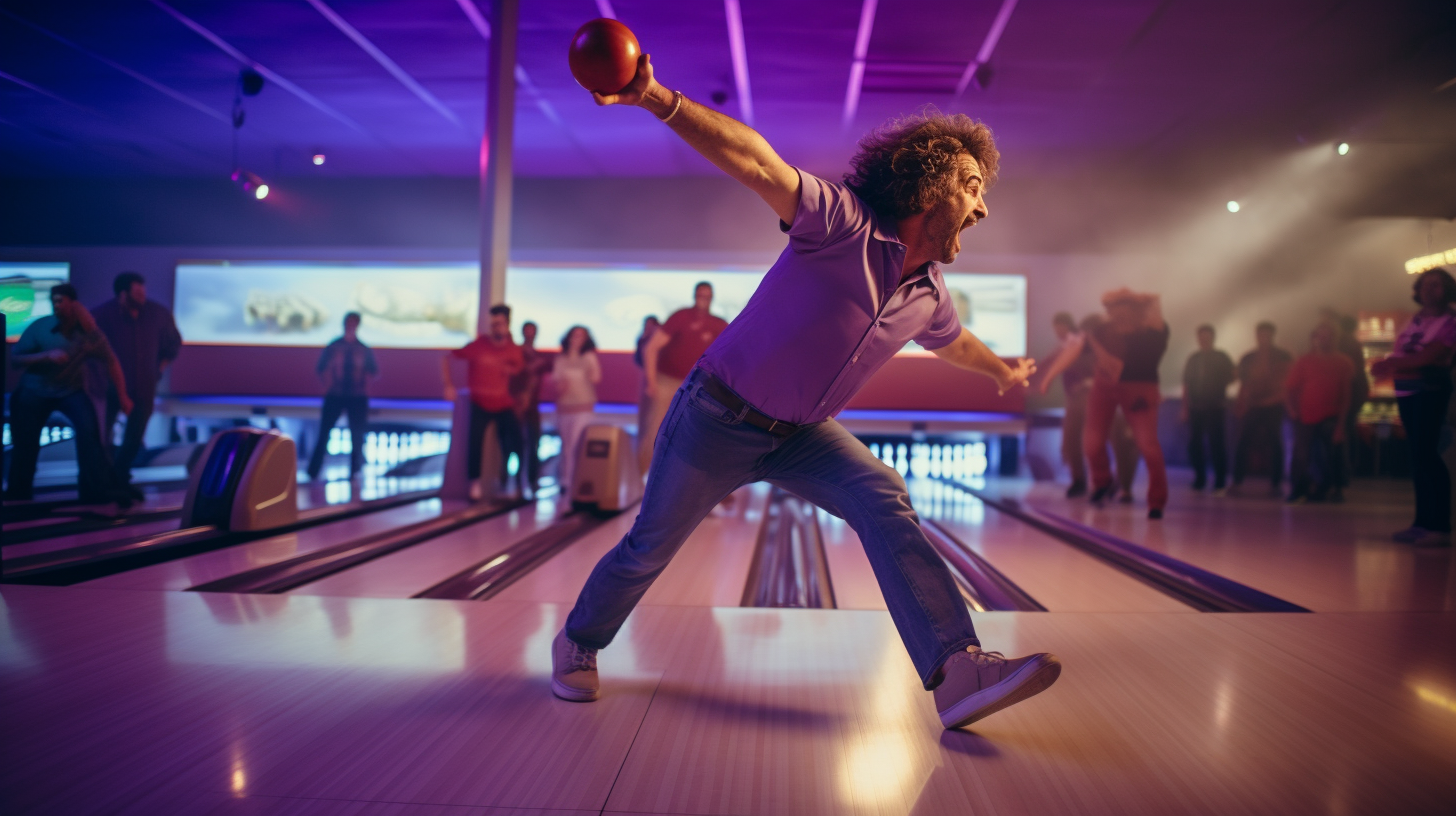 Middle-Aged Man Bowling in Purple and Orange Shoes