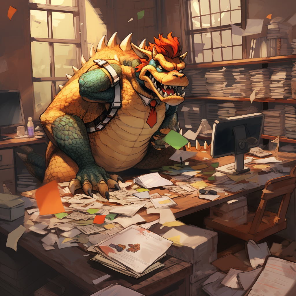 Clumsy Bowser struggling with his office tasks.