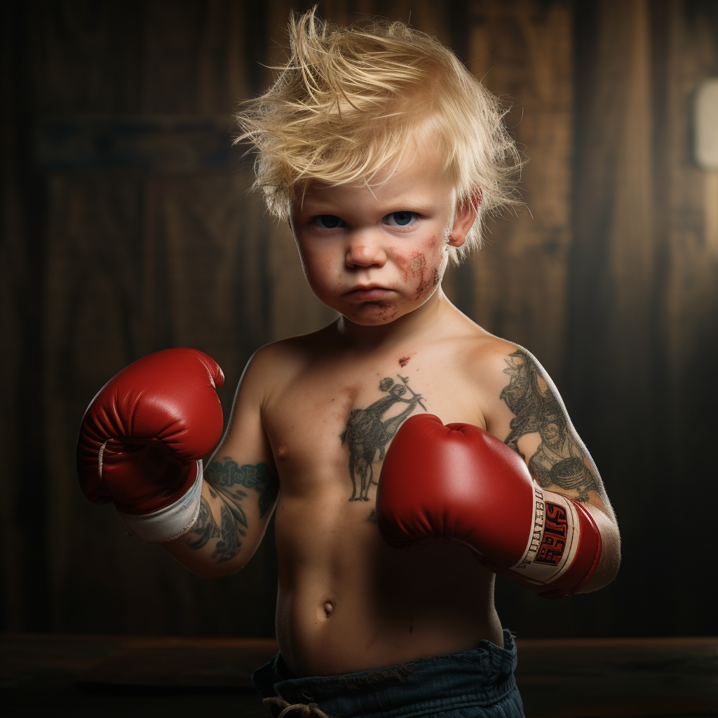 Blonde toddler boy boxing with enthusiasm