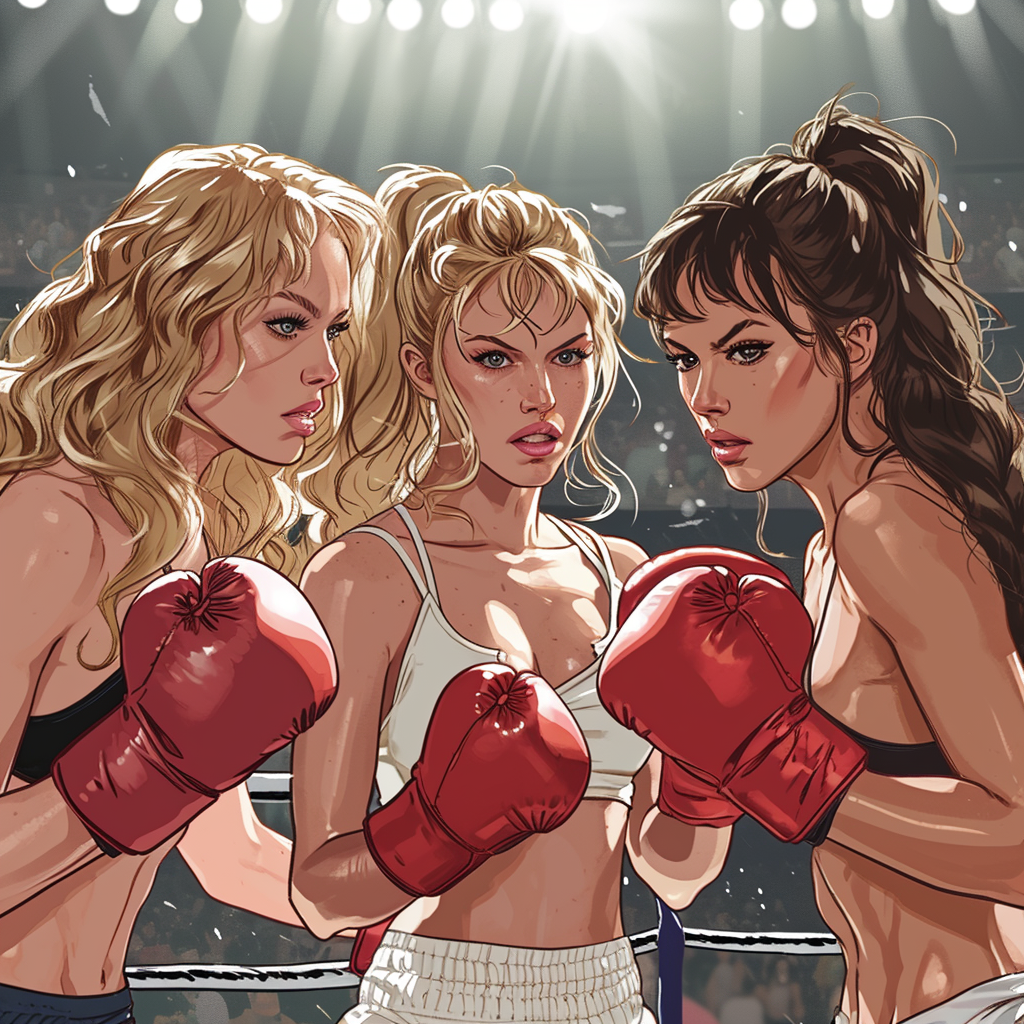 Illustration of Taylor Swift, Britney Spears, and Shakira in a boxing match