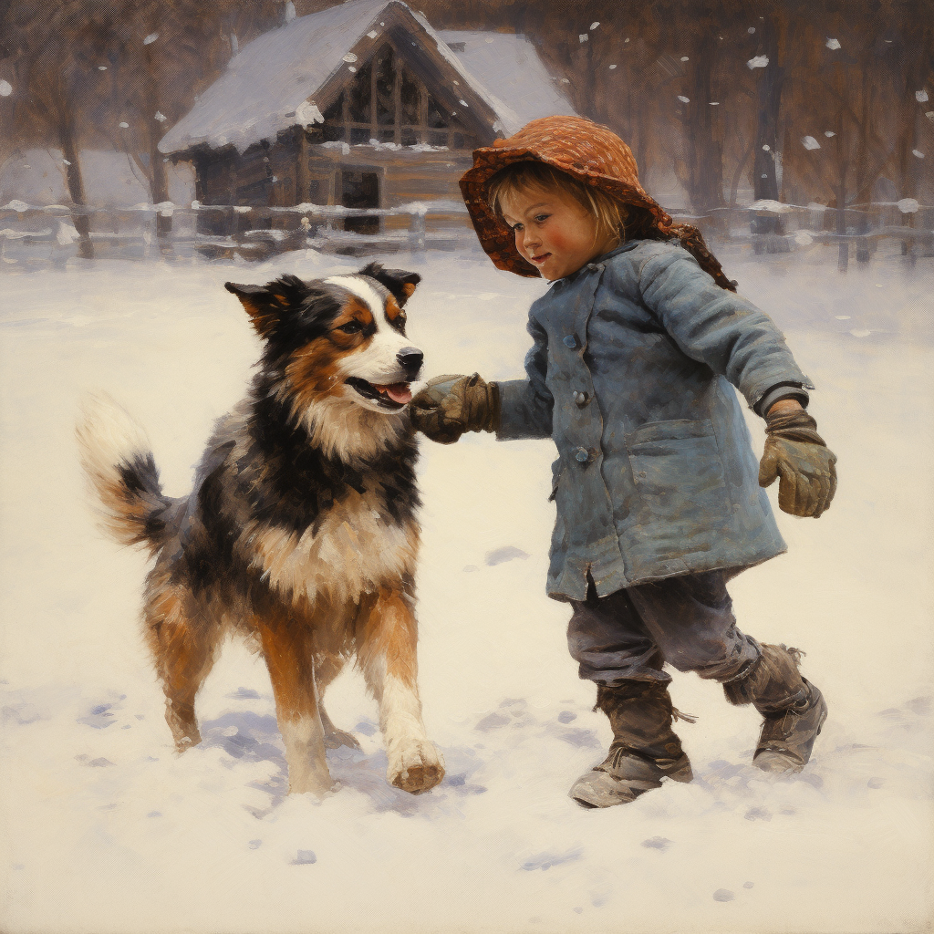 Boy and Australian Shepherd playing in the snow