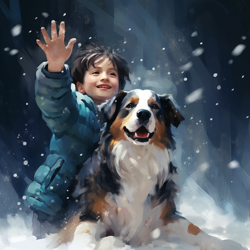 Boy and Australian Shepherd Waving Goodbye with Snowflakes