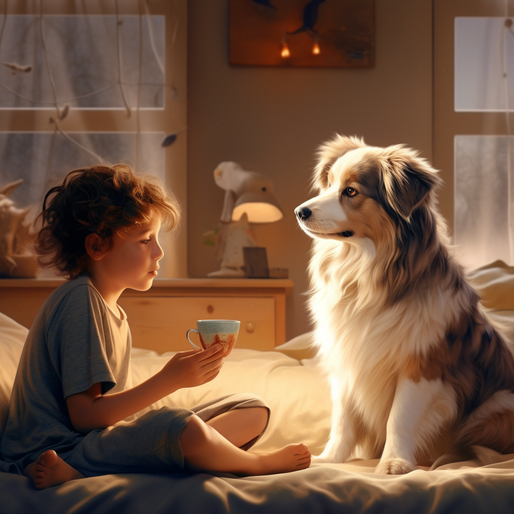 Boy and Australian Shepherd waking up in a decorated living room