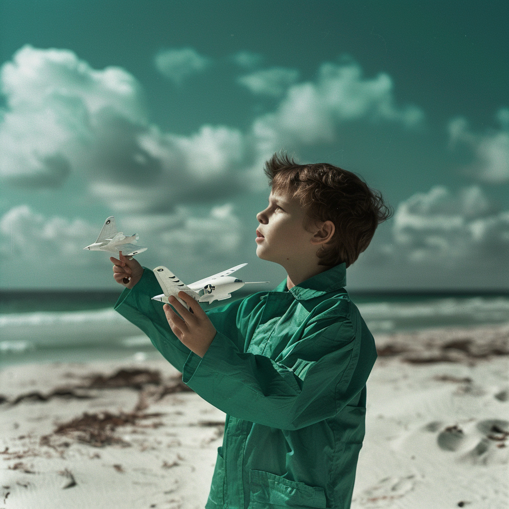 Boy with model airplane on beach