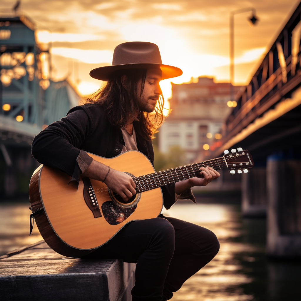 Long-haired boy playing guitar on bridge