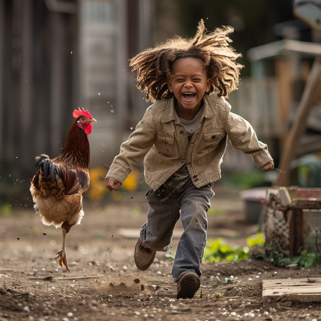 Boy chasing chicken laughing