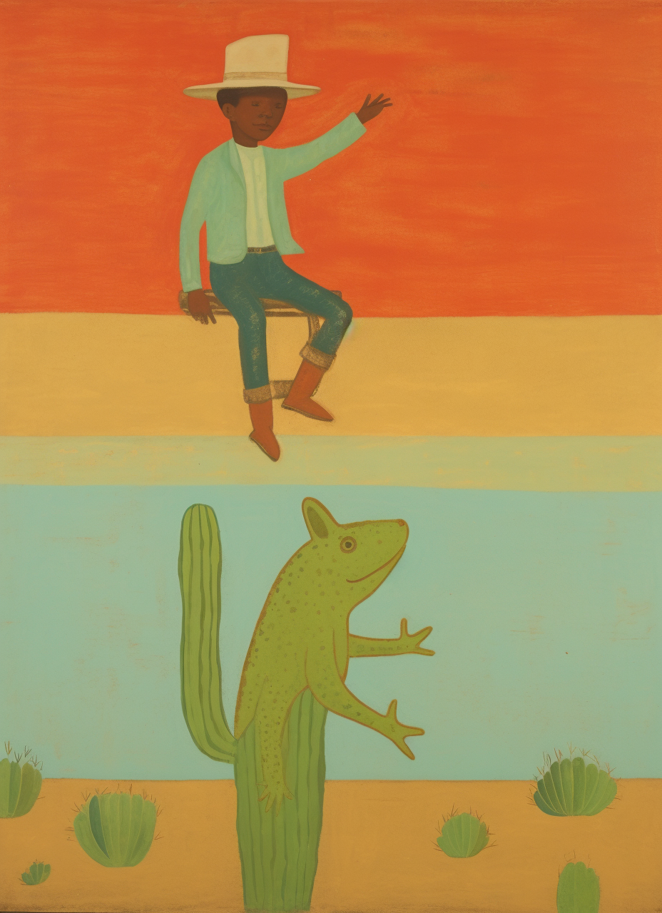 African American boy rides frog in cowboy hat