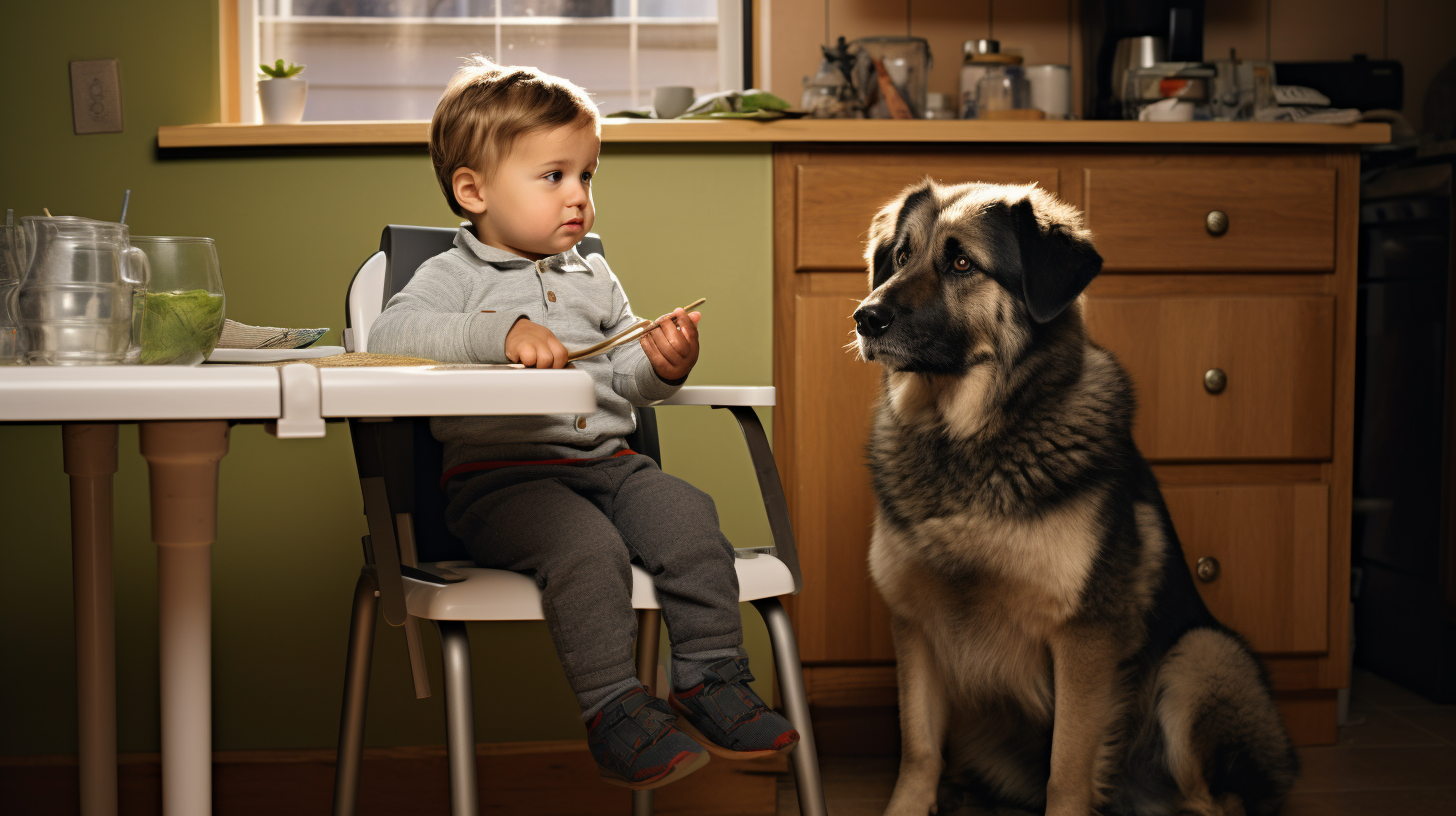 Boy in High Chair with Dog