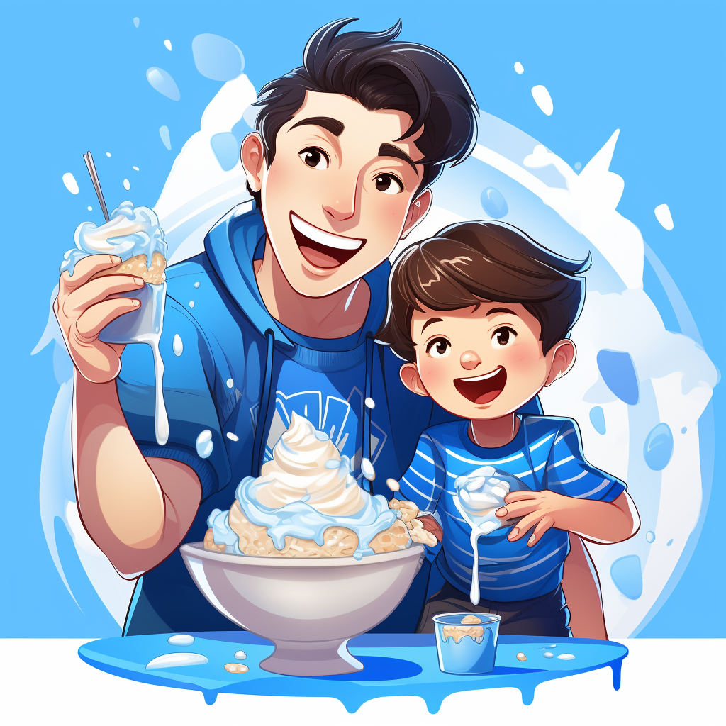 Boy eating ice cream with father