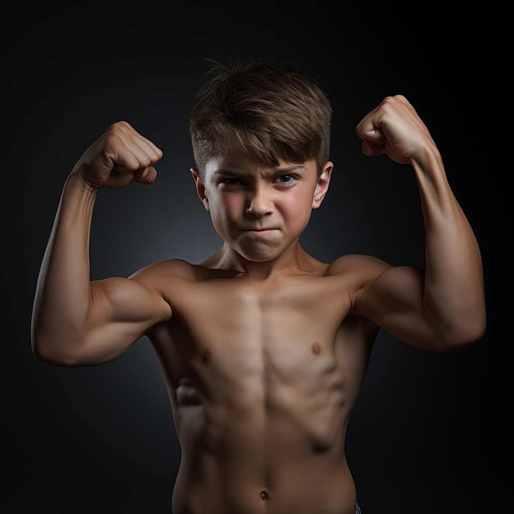 Boy flexing muscles with effort