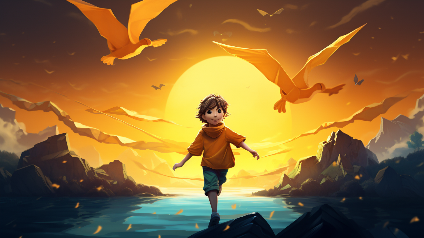 Illustration of boy flying with duck