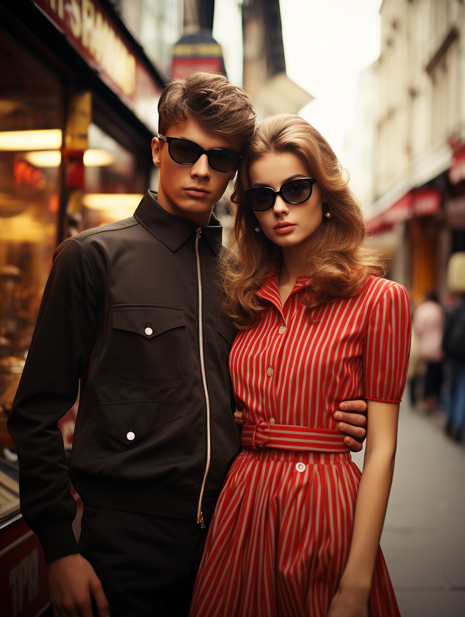 Boy and girl in 60's youth fashion on London street