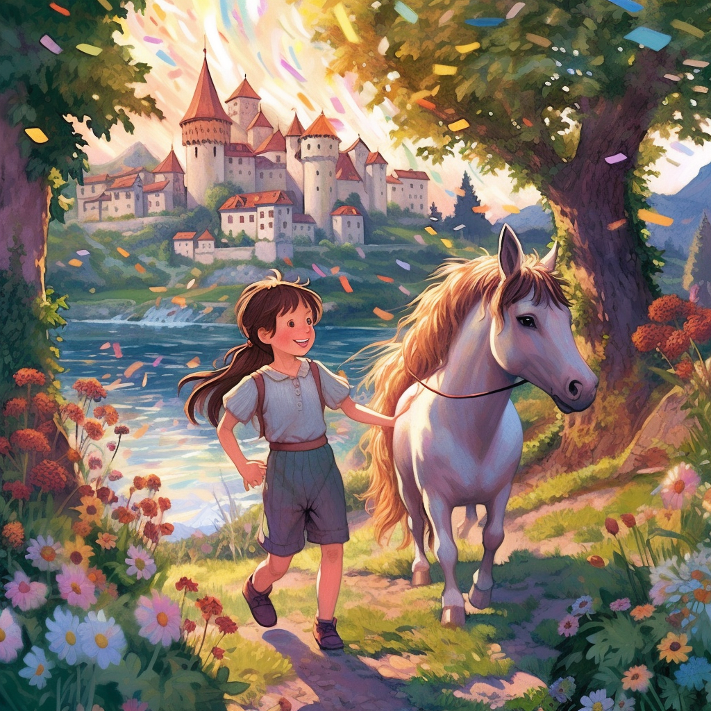 Two Kids Playing with Unicorn in Beautiful Meadow