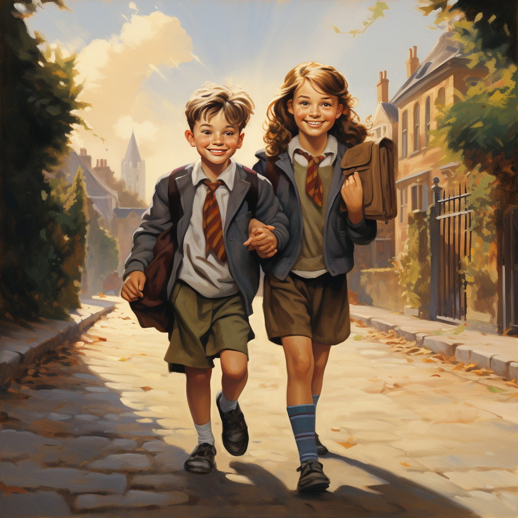 Smiling boy and girl walking to school