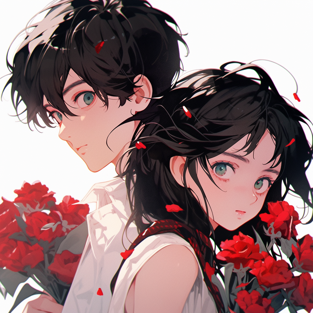 Boy giving girl roses with 3D icons on white background