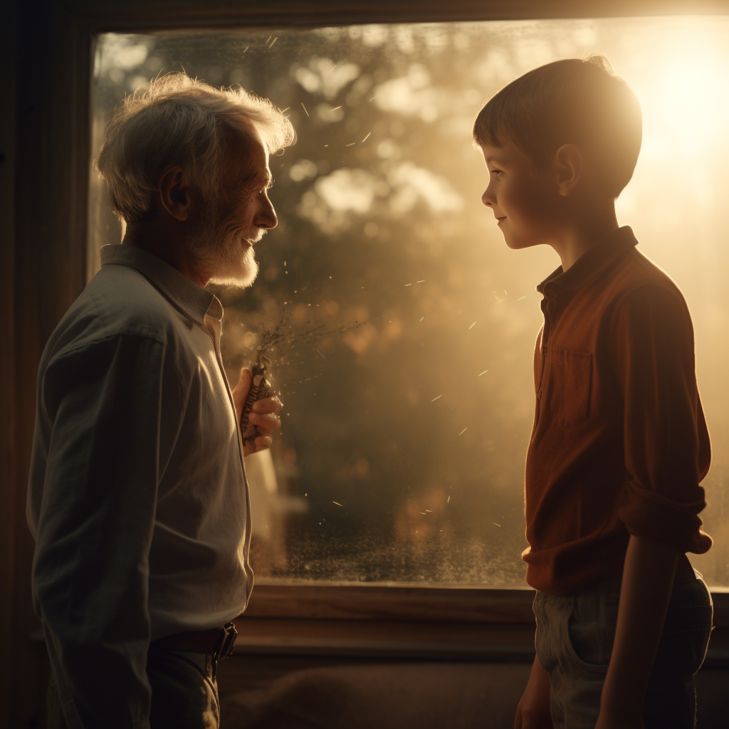 Boy looking at glass reflection