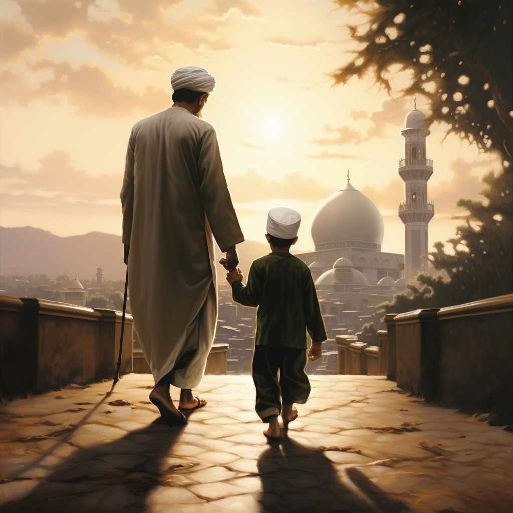 Boy going to mosque with father