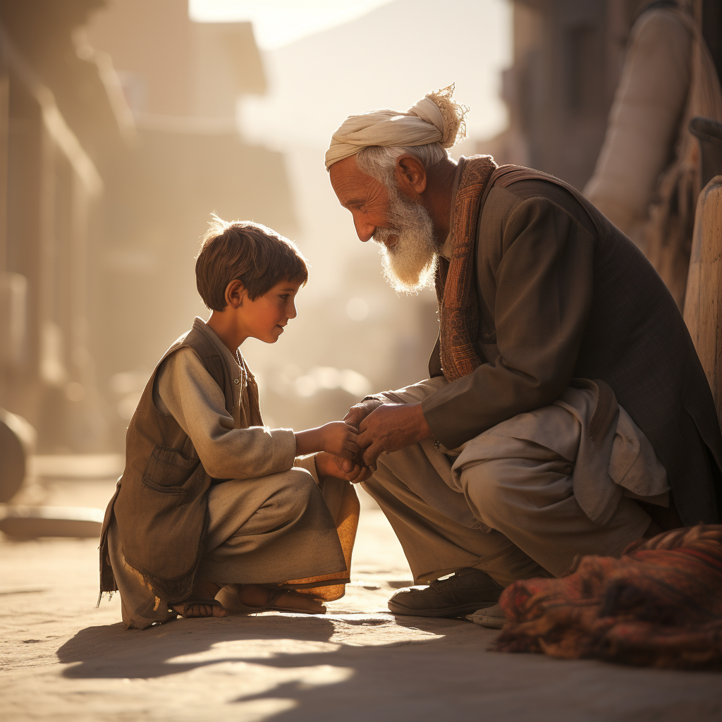 Boy helping elderly man on street