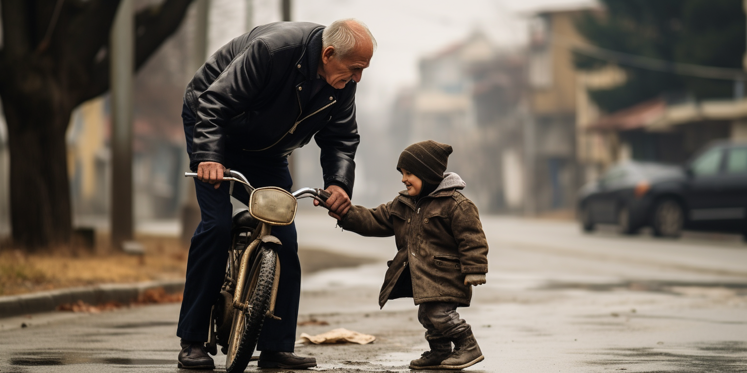 Young boy helping fallen grandpa in Bulgaria