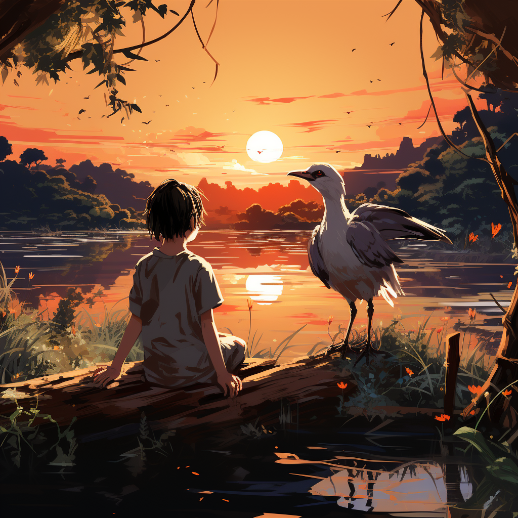 Illustration of a boy and a heron