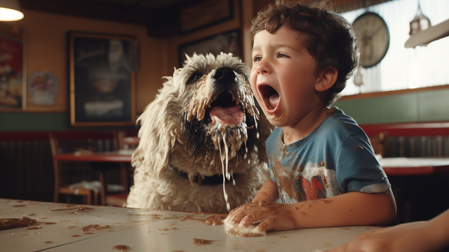 3-year-old boy in high chair with dog