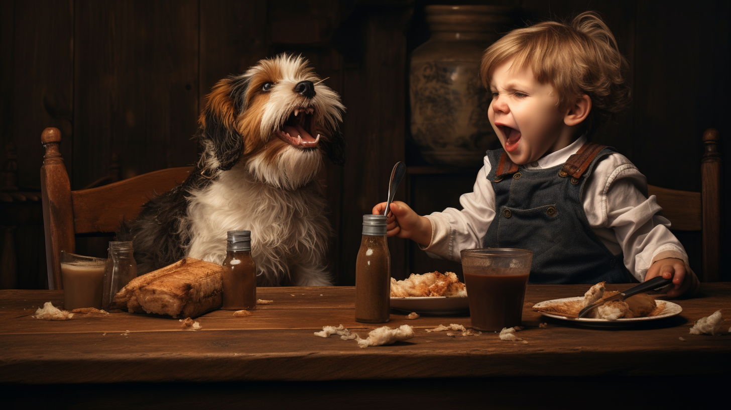 Boy, Dog, Mom, Friends in Tavern