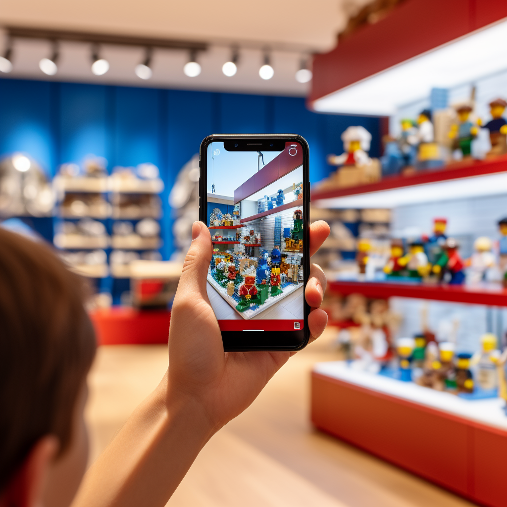 Boy holding cellphone in Lego Store