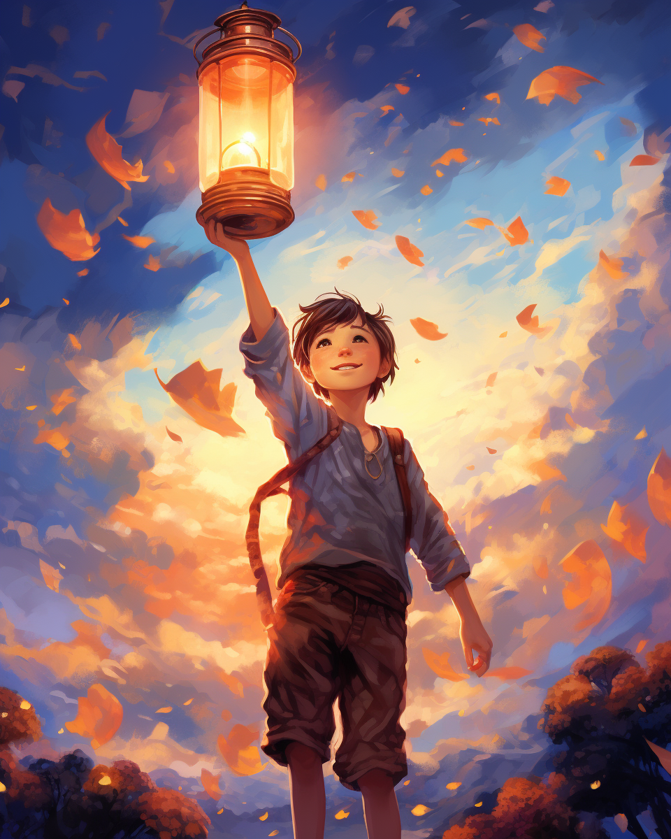 Young boy holding lantern in sky