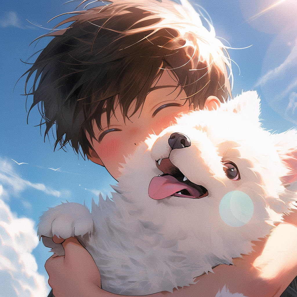 Boy holding Samoyed dog