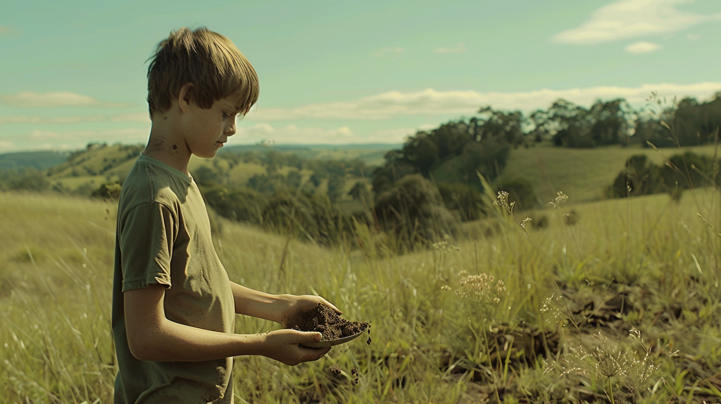 Boy holding spoon in landscape