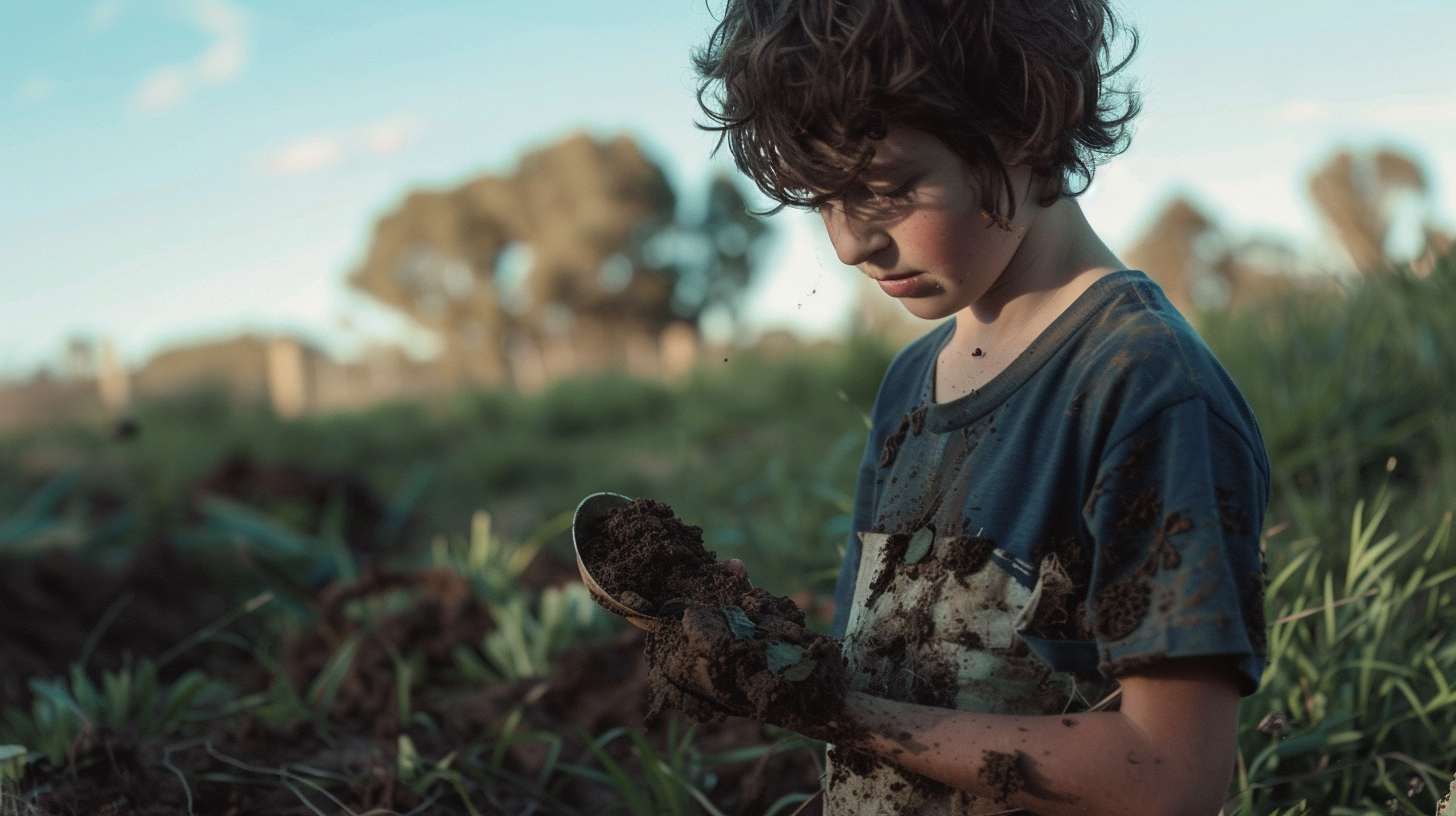 boy holding spoon in landscape