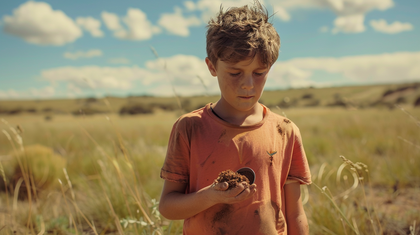 Boy holding spoonful of dirt