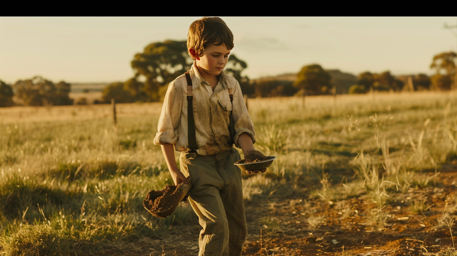 Boy holding dirt spoon landscape