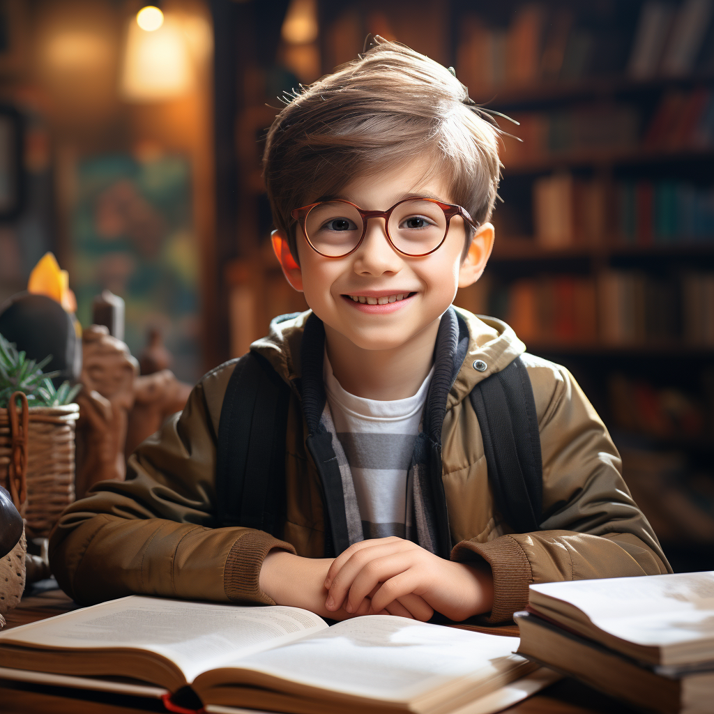 Boy Learning English in Library