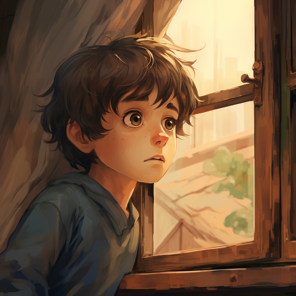 Boy Looking Out Window in Studio Ghibli Art