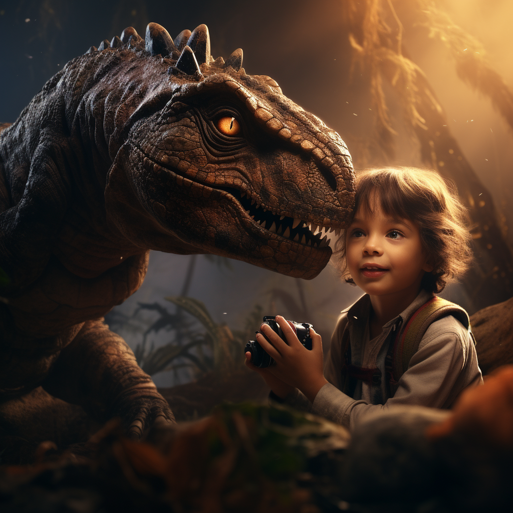 Boy looking at dinosaur picture