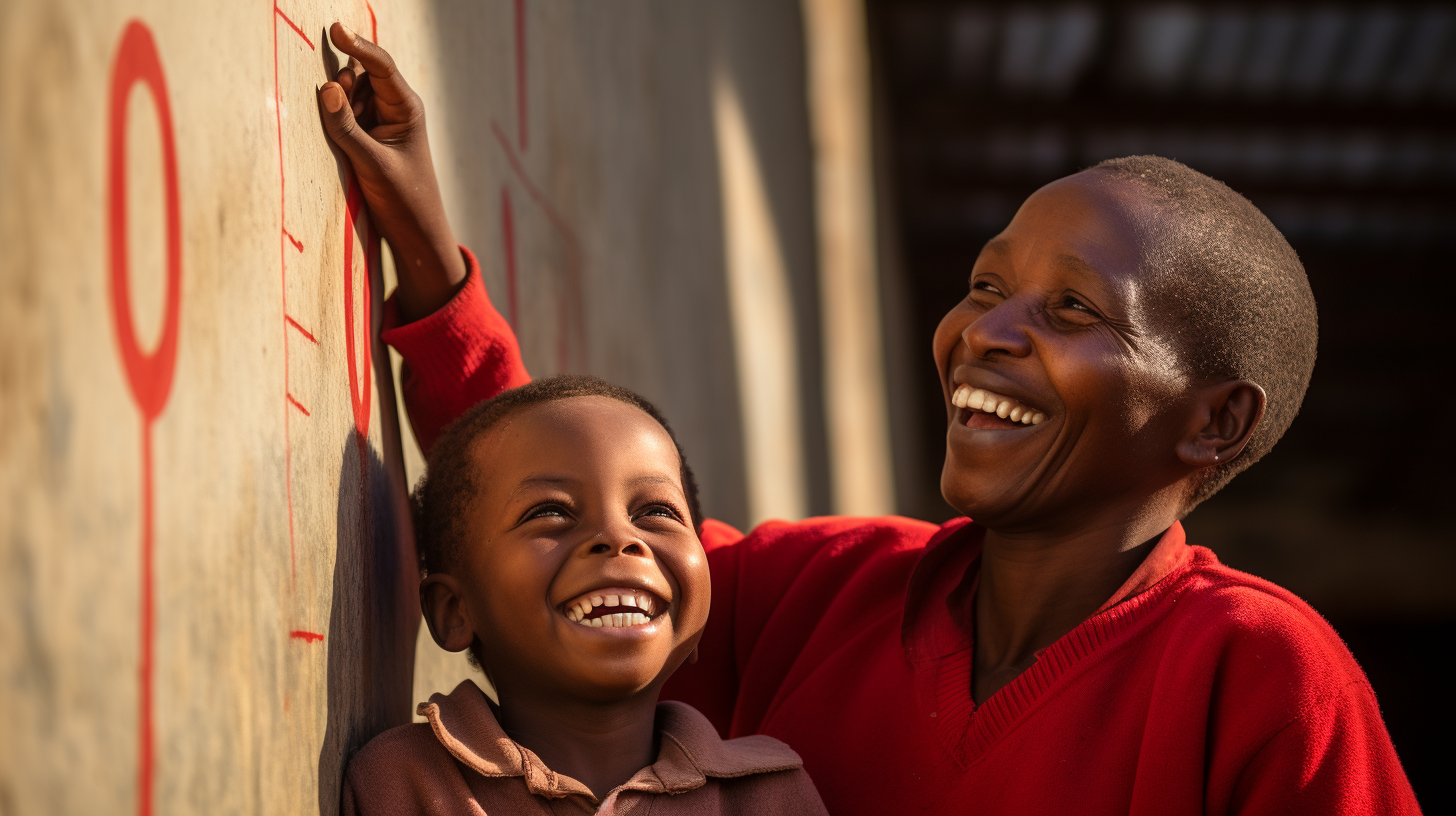 Young boy with mom measuring height in Zimbabwe