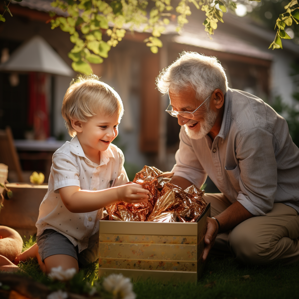 Young boy with excitement opening a gift box from his grandparents