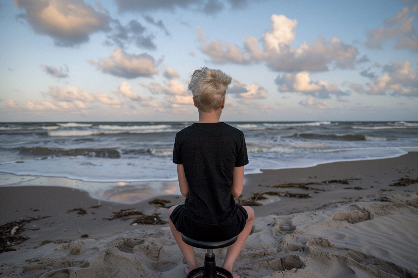 Boy playing videogames at beach