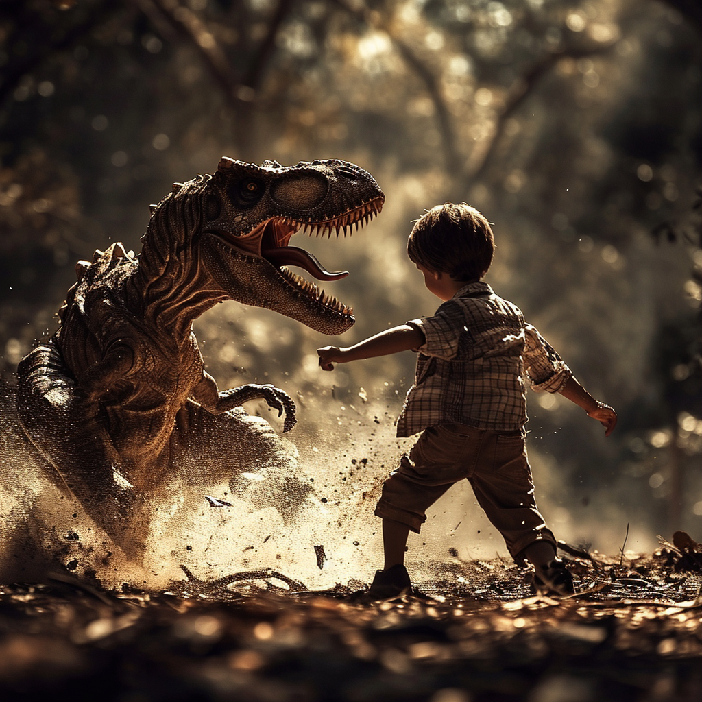 Boy punching T-Rex  action