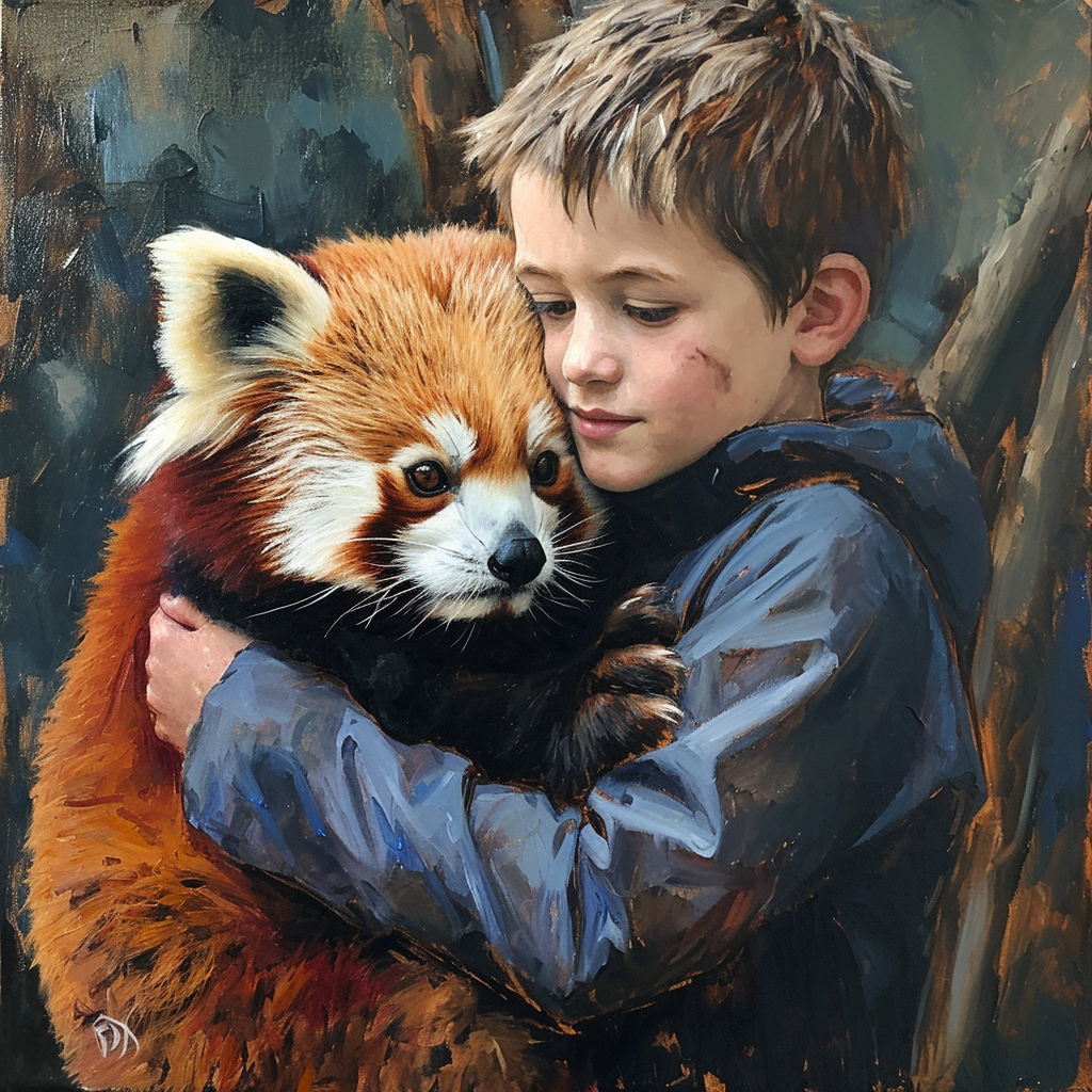 Boy with cute red panda